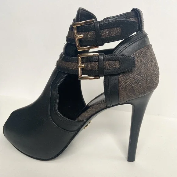 Michael Kors Women's Black Brown Logo Leather Open‑Toe Ankle Booties Size 7.5 - Picture 3 of 11